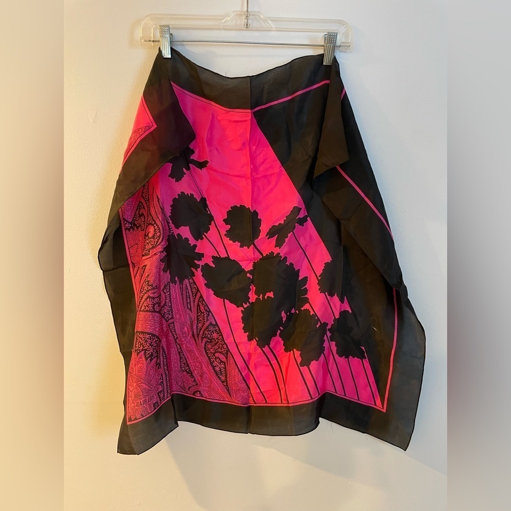 vintage Bill Blass silk pink and black paisley print square shawl scarf.